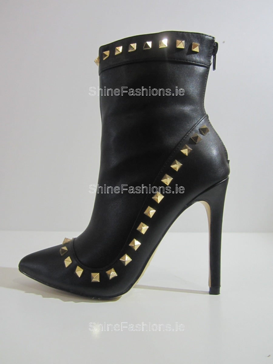 Black Stiletto Heel Gold Studded Ankle Boots