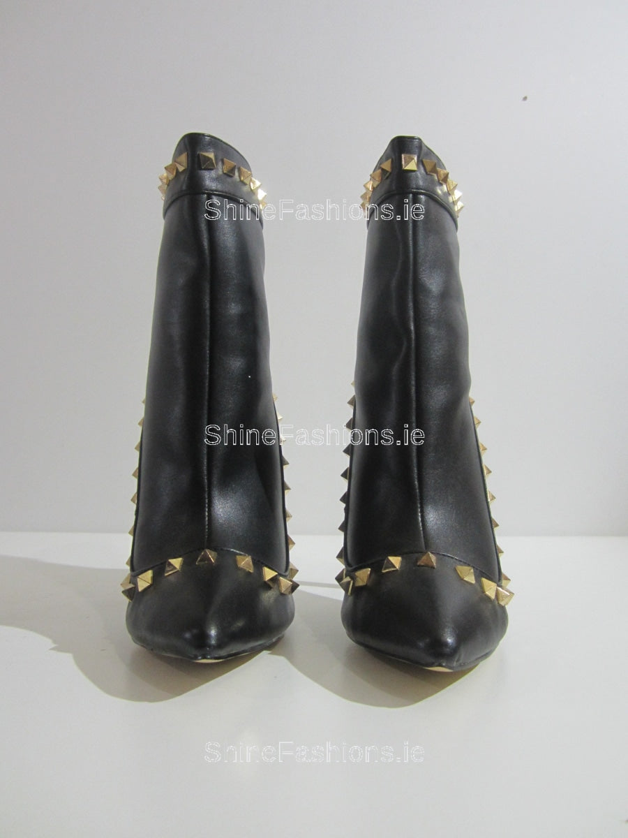 Black Stiletto Heel Gold Studded Ankle Boots ShineFashions.ie