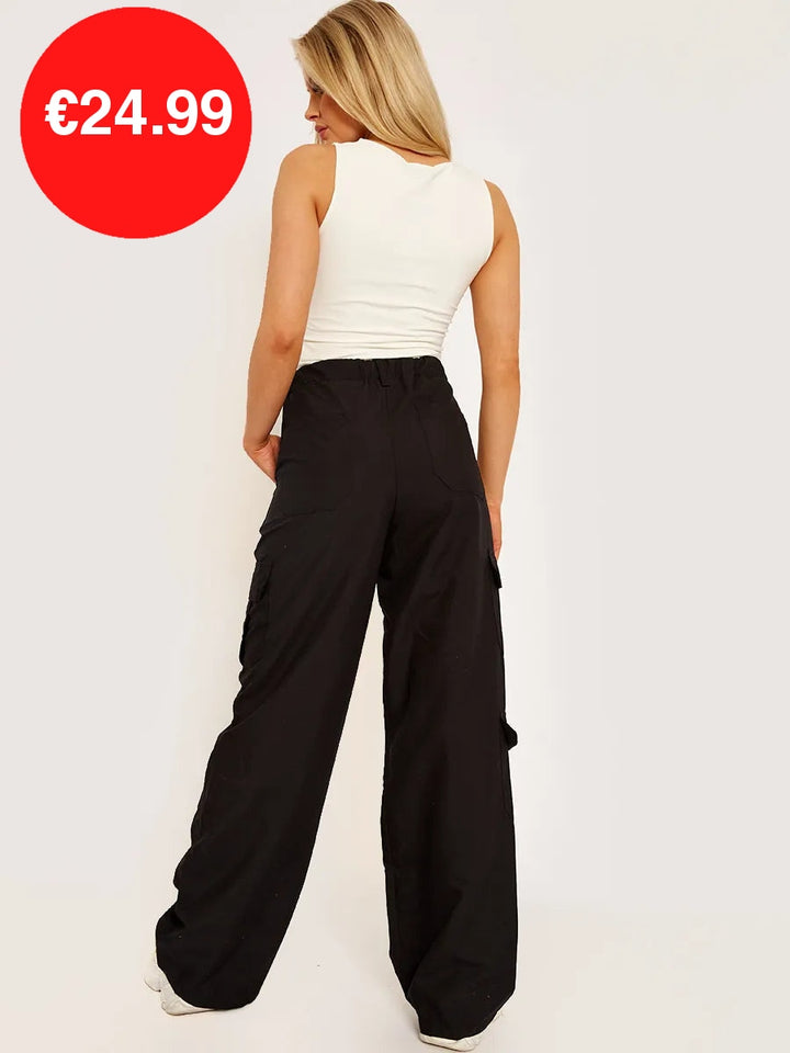 Black Wide Leg Loose Combat Cargo Trousers