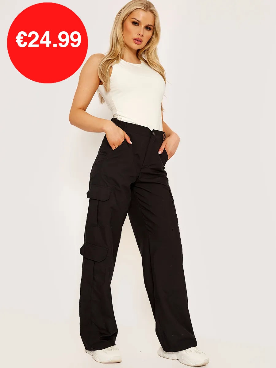 Black Wide Leg Loose Combat Cargo Trousers