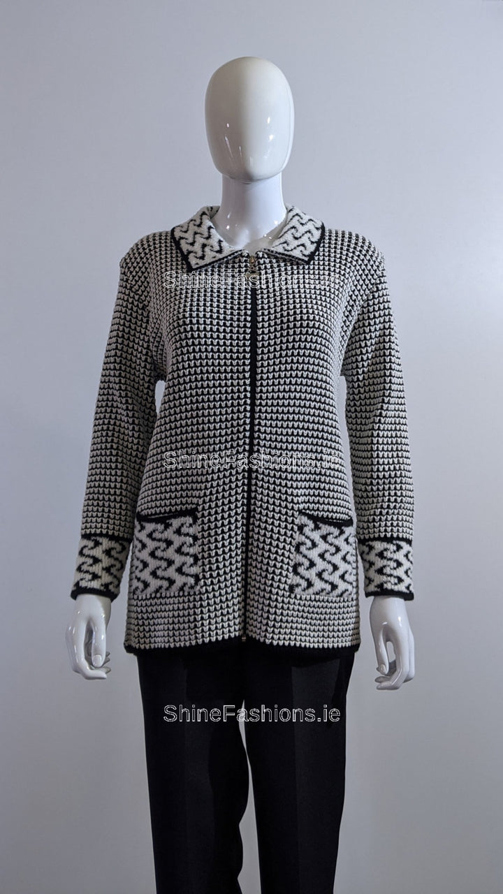 Black/White Zipper Cardigan With Collar