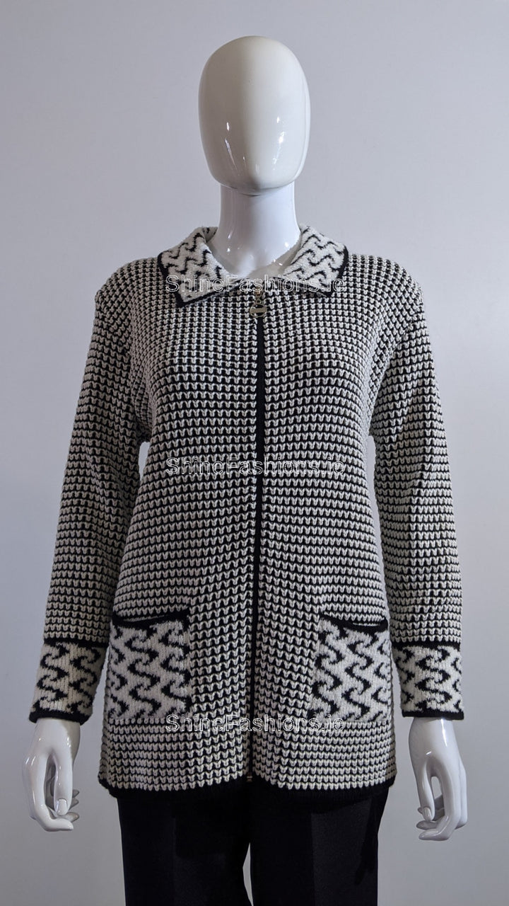 Black/White Zipper Cardigan With Collar