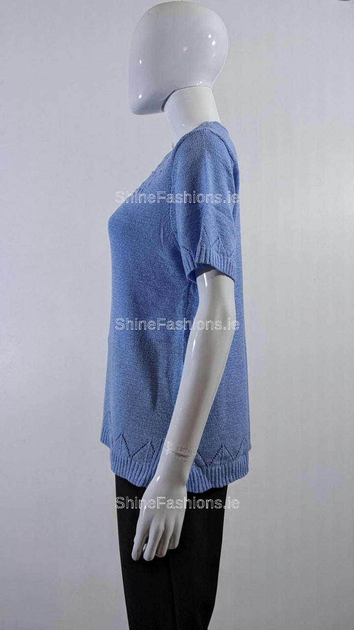 Blue Beaded Soft Touch Short Sleeve Jumper