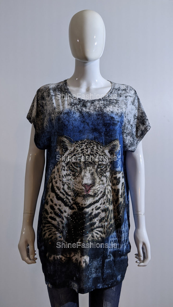 Blue Contrast Tiger Glitter Top