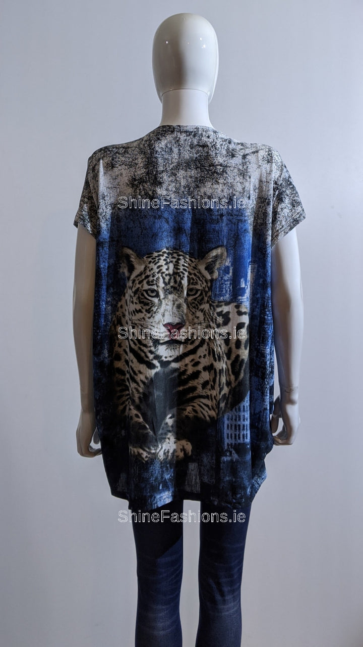 Blue Contrast Tiger Glitter Top