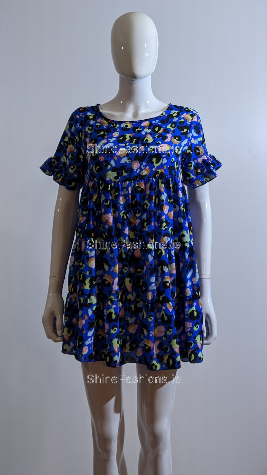 Blue Leopard Print Tiered Smock Dress