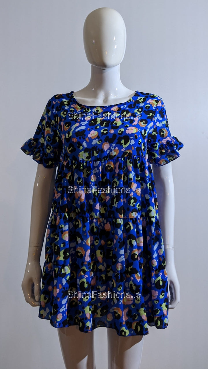 Blue Leopard Print Tiered Smock Dress