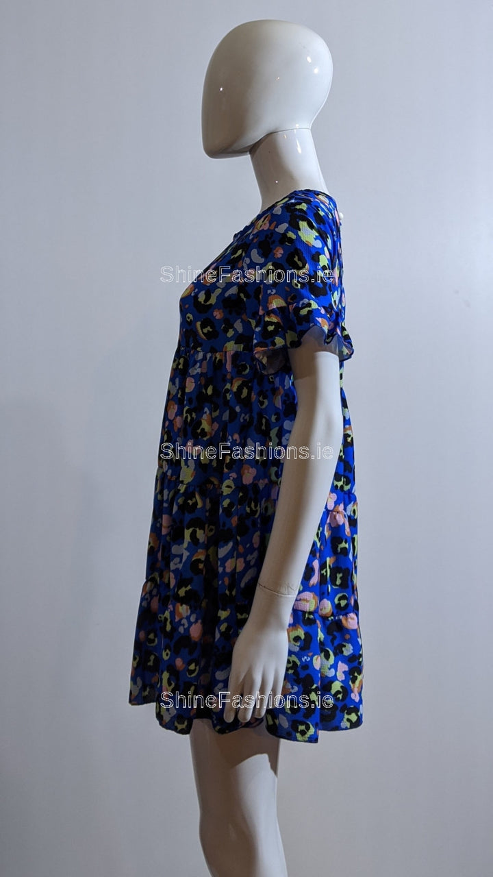 Blue Leopard Print Tiered Smock Dress