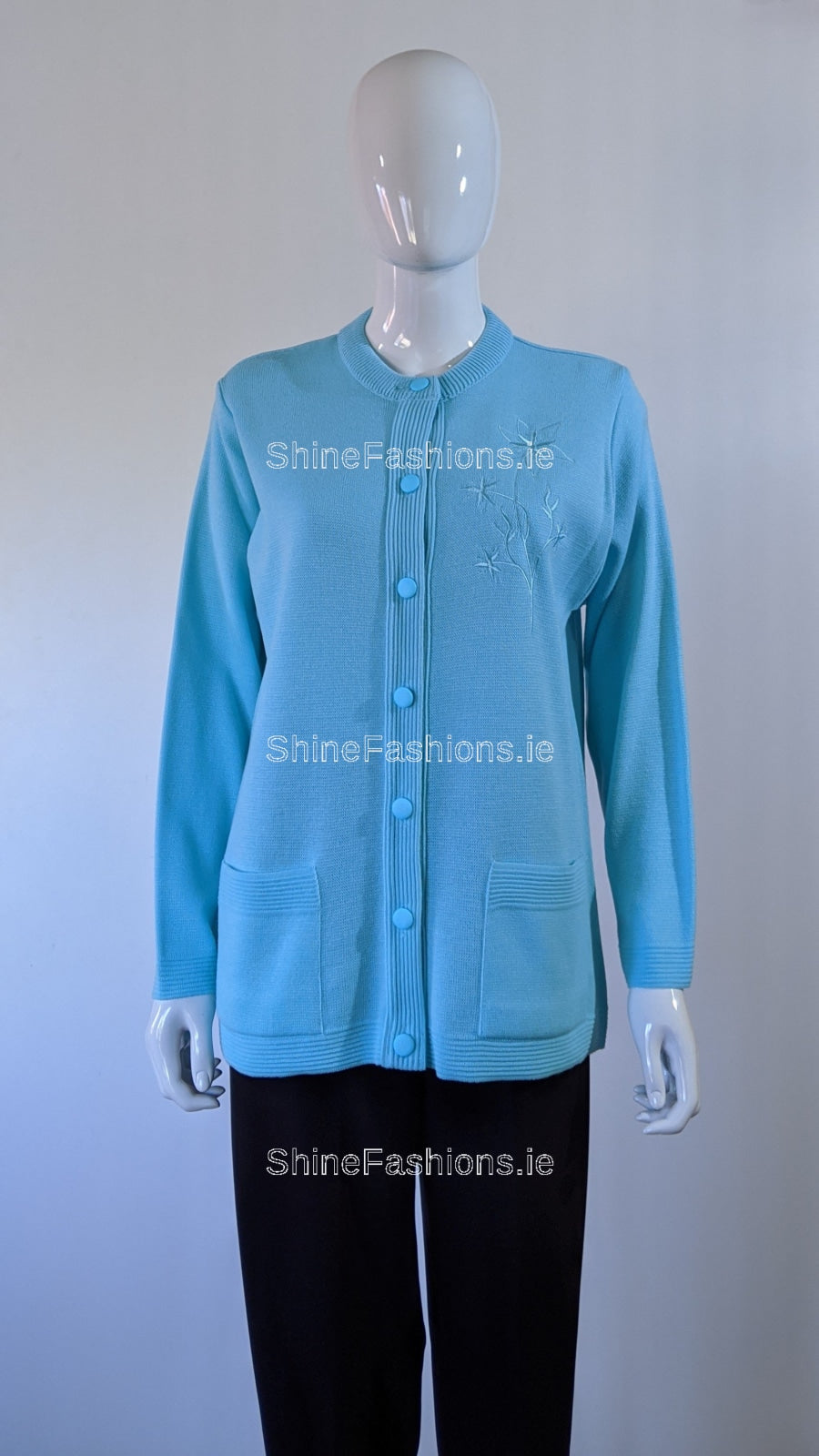 Blue Round Neck Button Pocket Cardigan