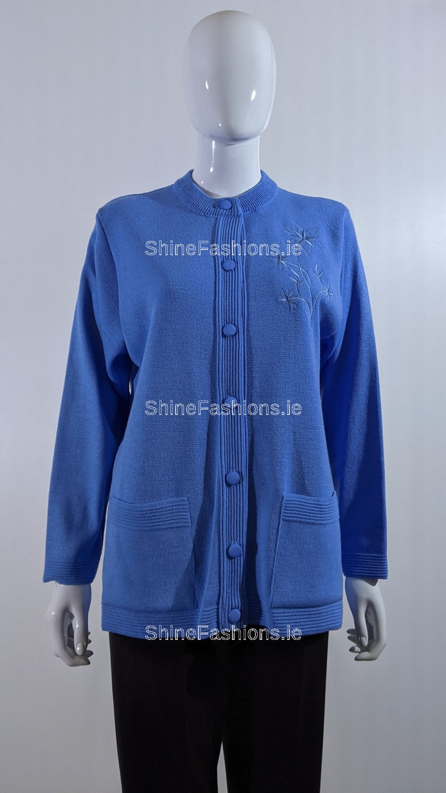 Blue Round Neck Button Pocket Cardigan