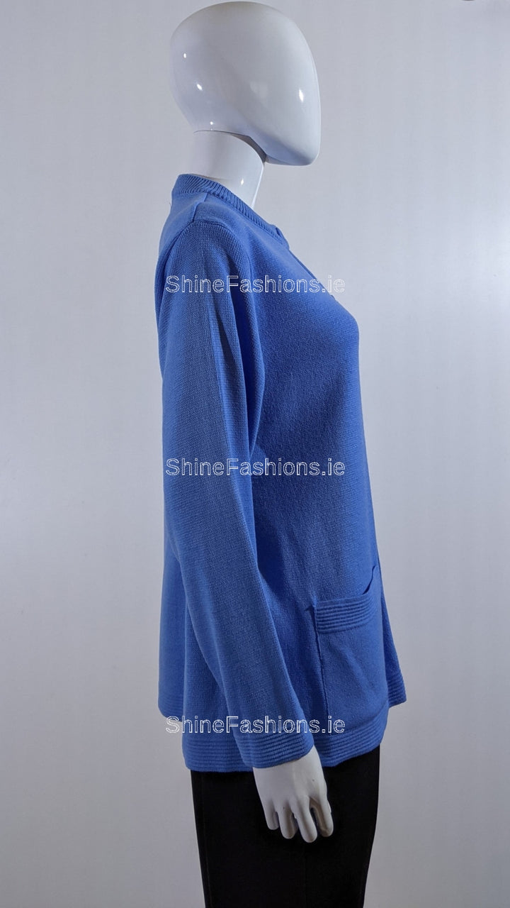 Blue Round Neck Button Pocket Cardigan