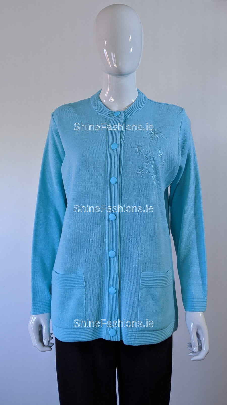 Blue Round Neck Button Pocket Cardigan