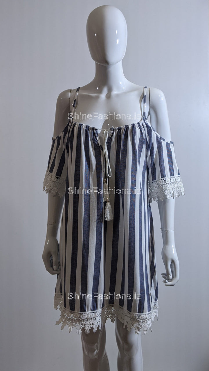 Blue Stripe Shoulder Cut Dress