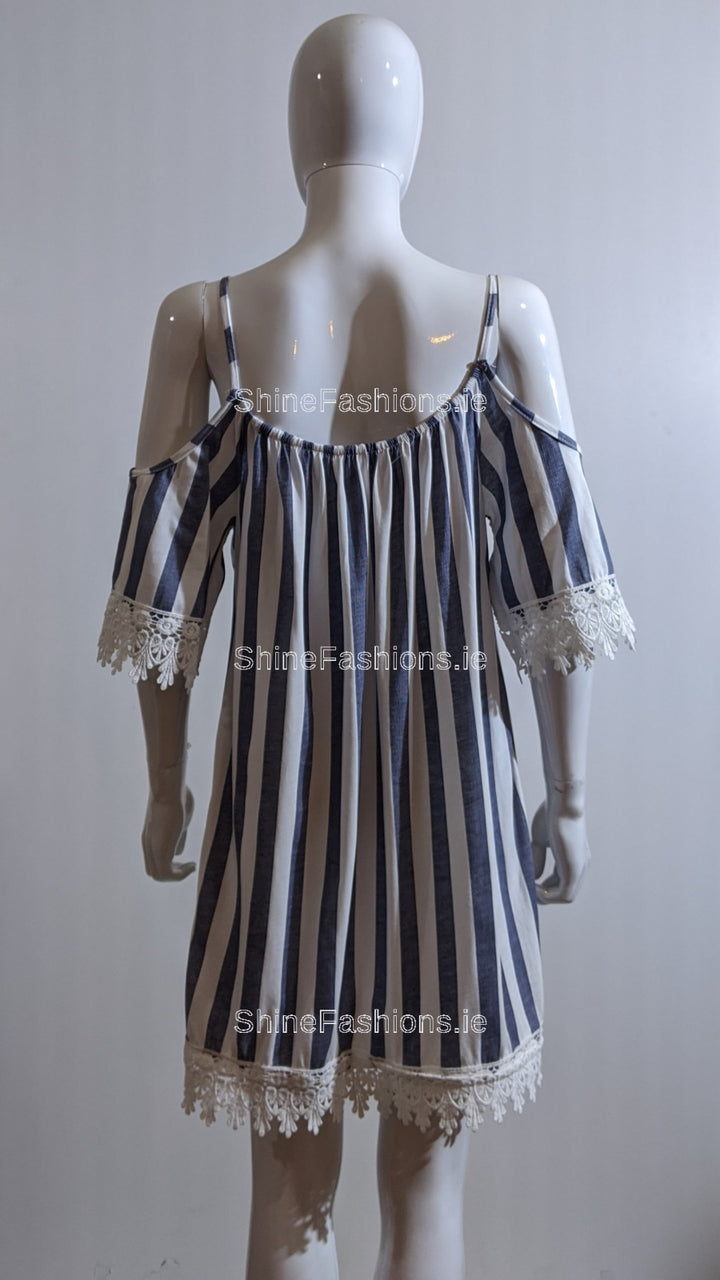 Blue Stripe Shoulder Cut Dress