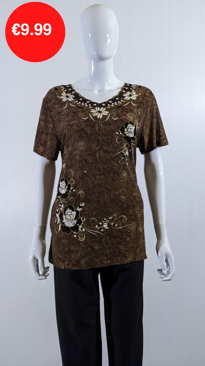 Brown Floral Embroidered Short Sleeve Top