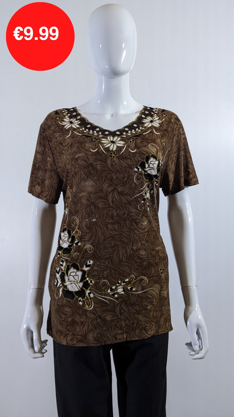 Brown Floral Embroidered Short Sleeve Top