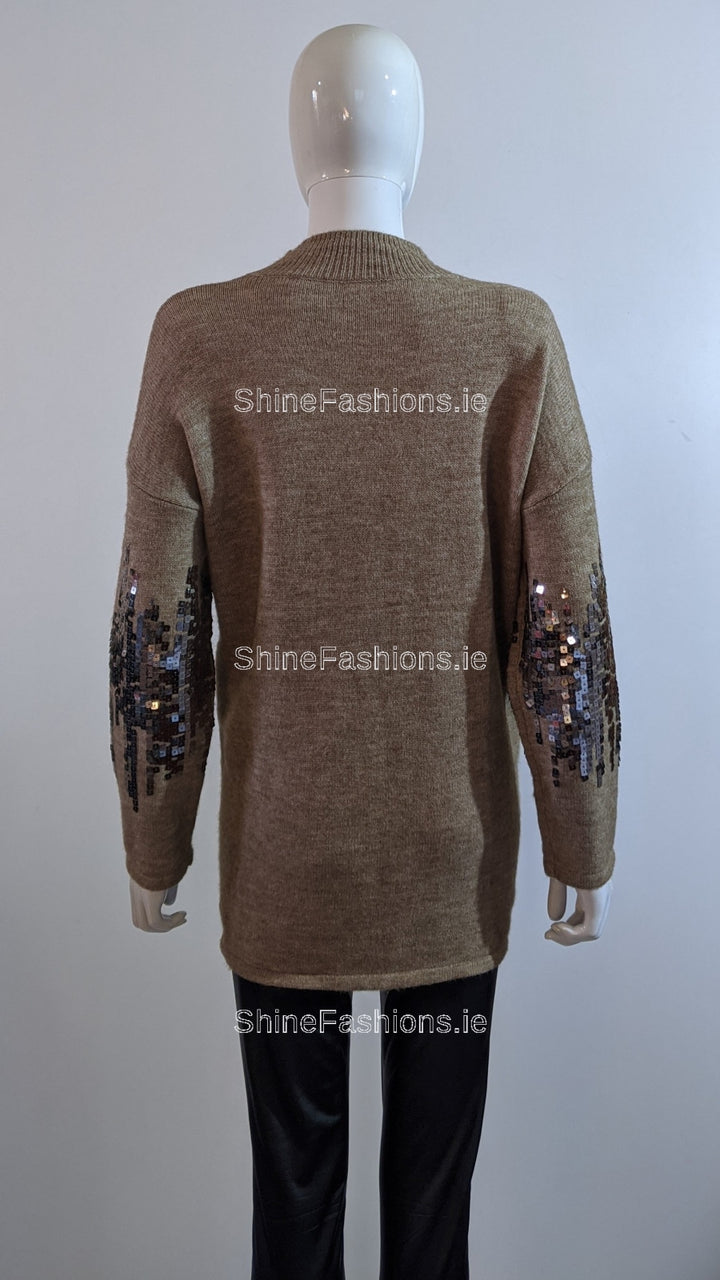 Brown Oversized Sequin High Neck Jumper