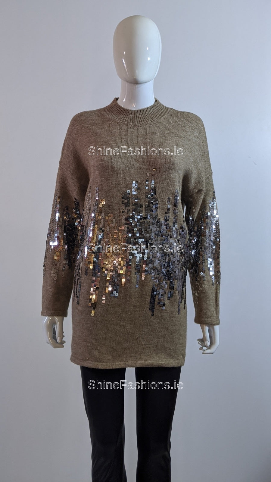 Brown Oversized Sequin High Neck Jumper