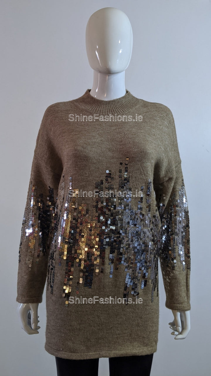 Brown Oversized Sequin High Neck Jumper