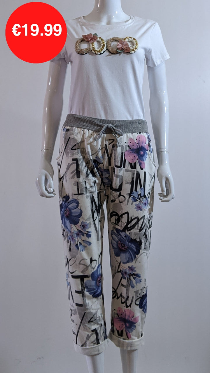 Cream Floral Print Pattern Trouser