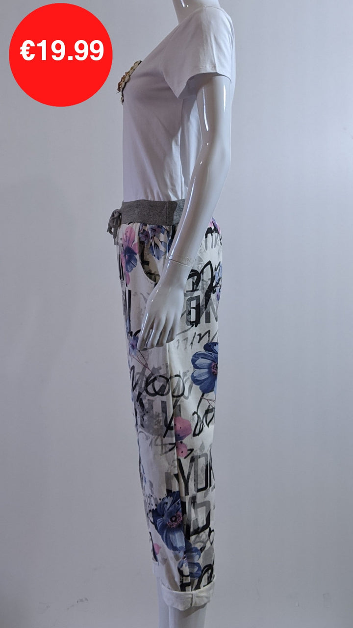 Cream Floral Print Pattern Trouser