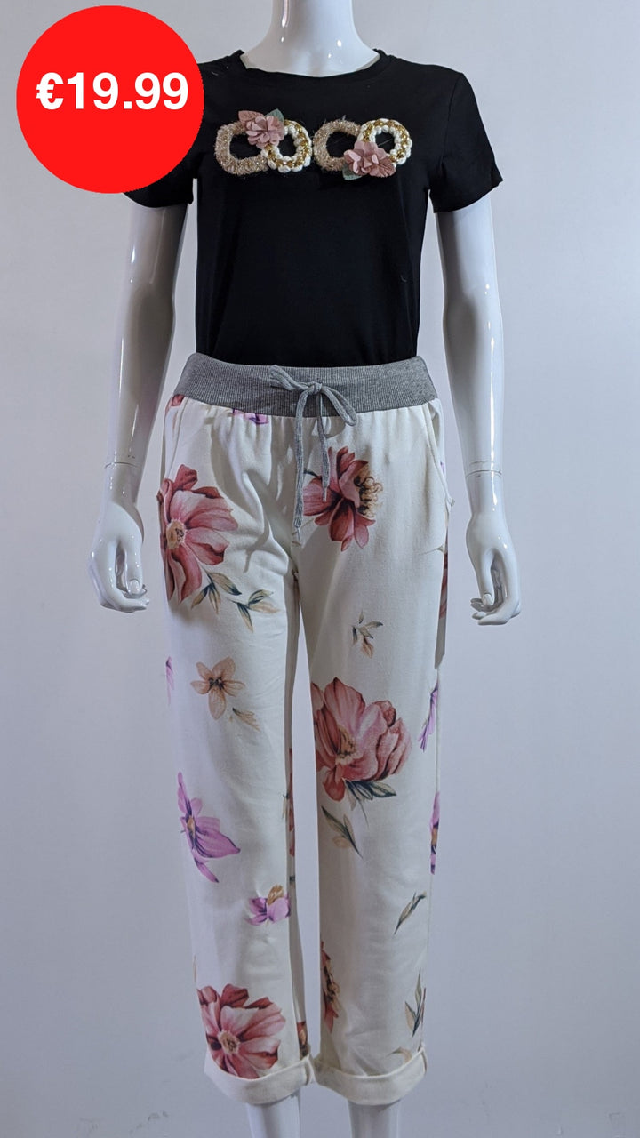 Cream Pink Floral Print Trouser