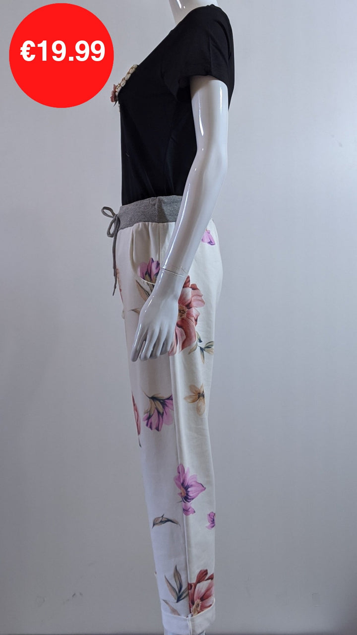 Cream Pink Floral Print Trouser