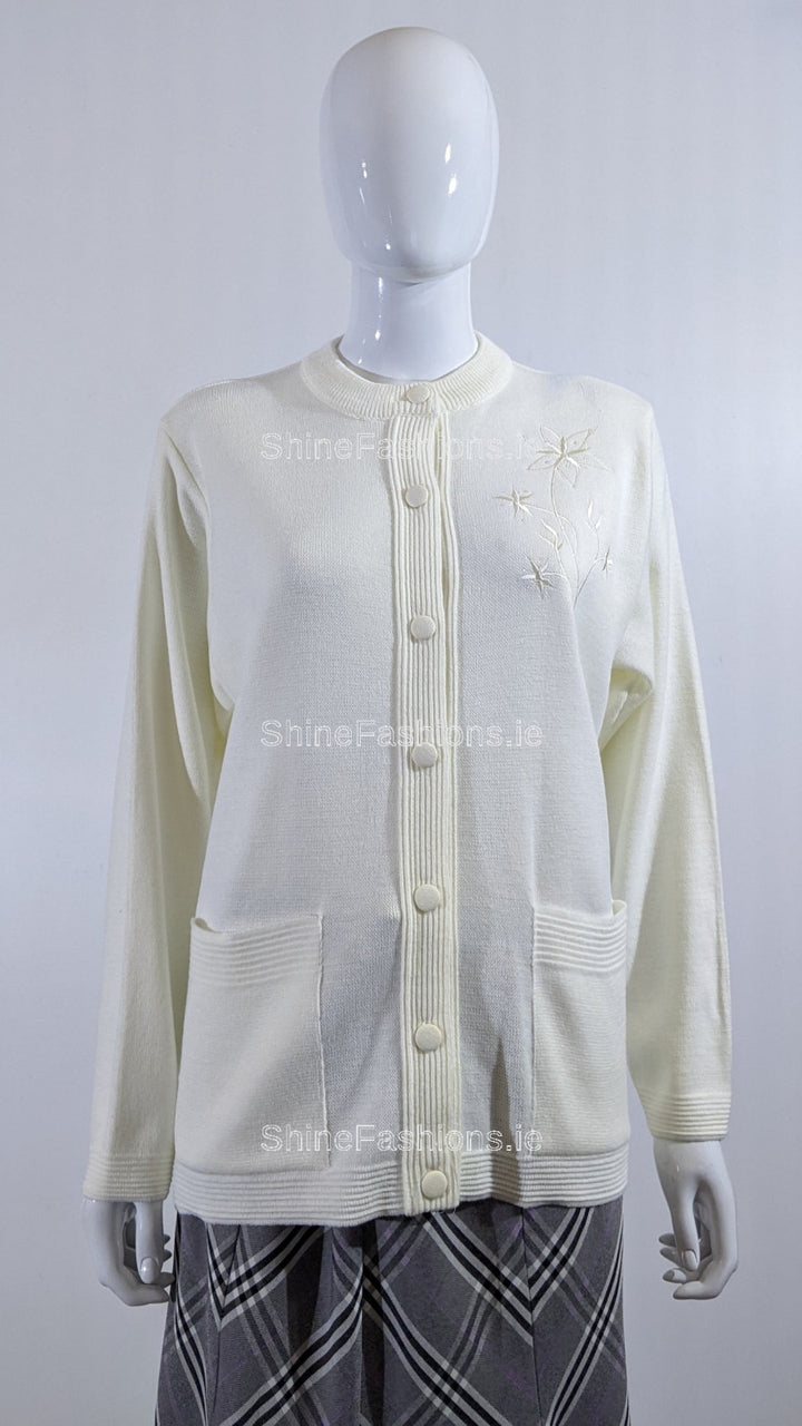 Cream Round Neck Button Pocket Cardigan