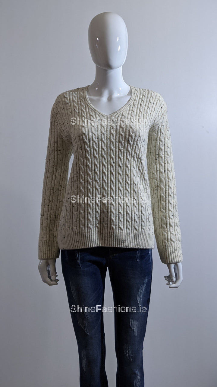 Cream V-Neck Cable Knit Jumper