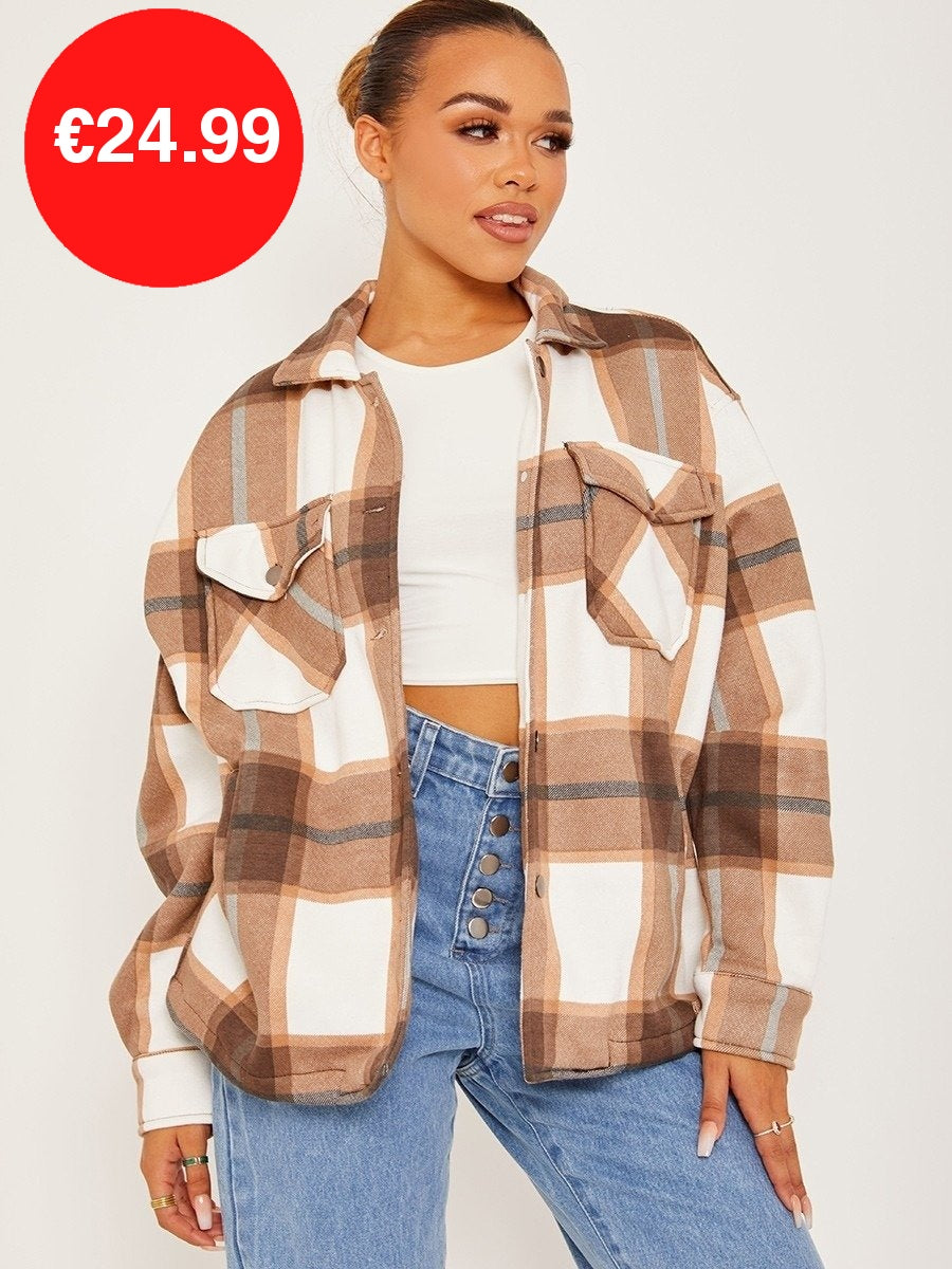 Dark Chocolate Oversized Checked Shirt Jacket