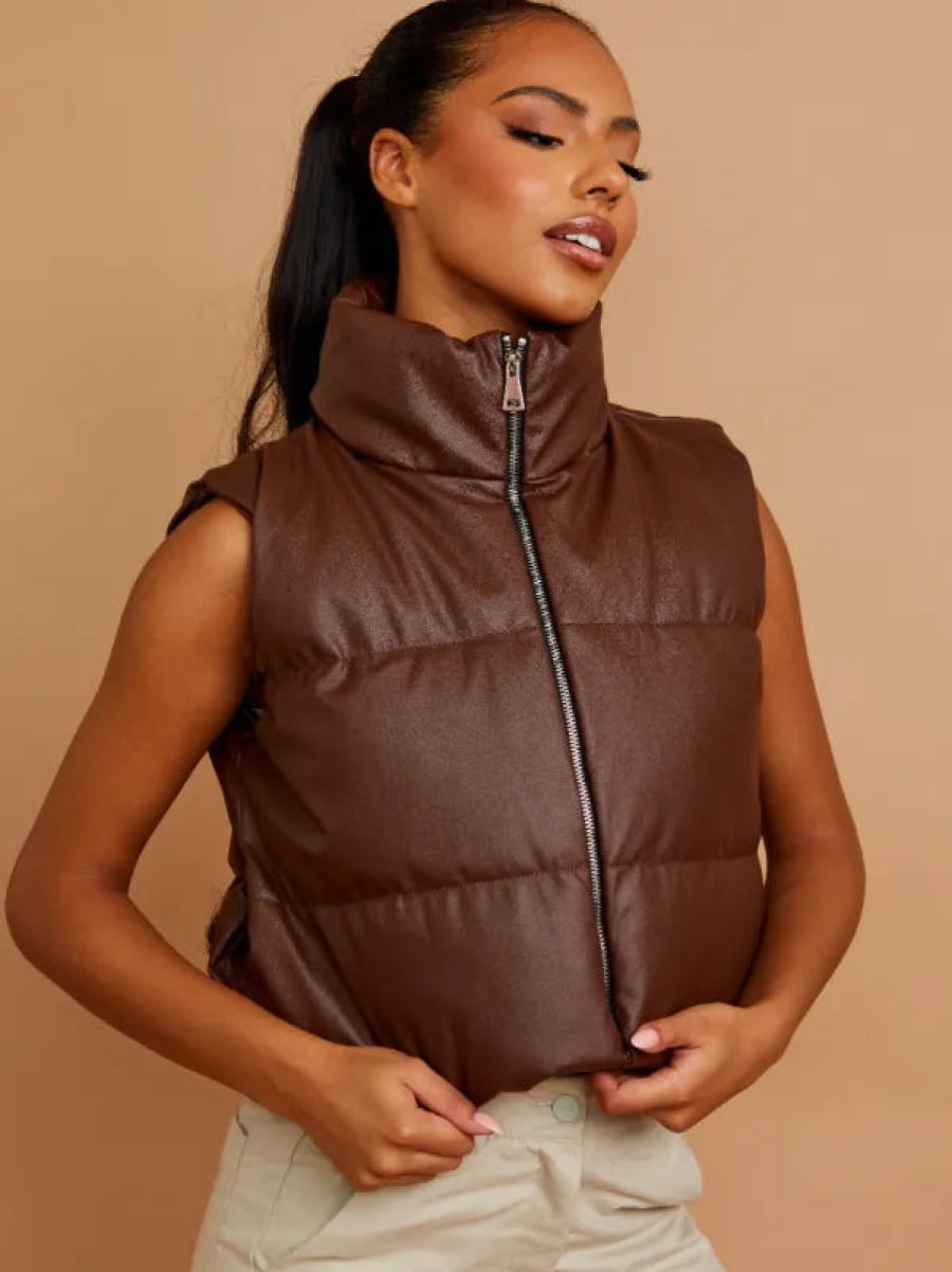 Dark Chocolate PU Down Fill Padded Cropped Gilet