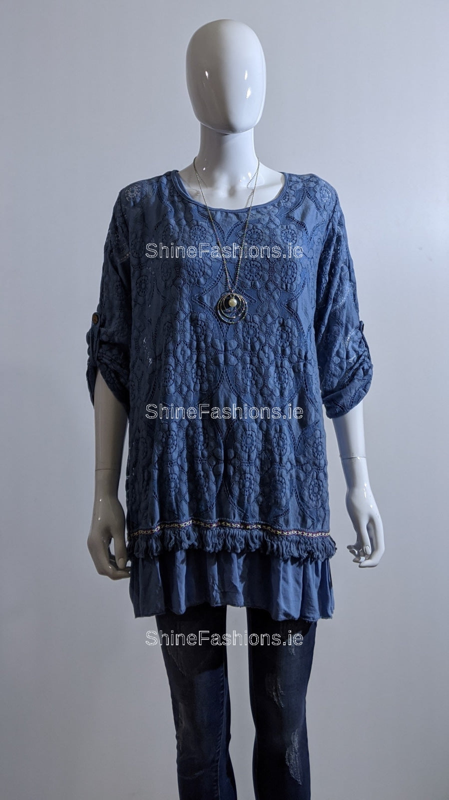 Denim Blue Lace Detail Cotton Top