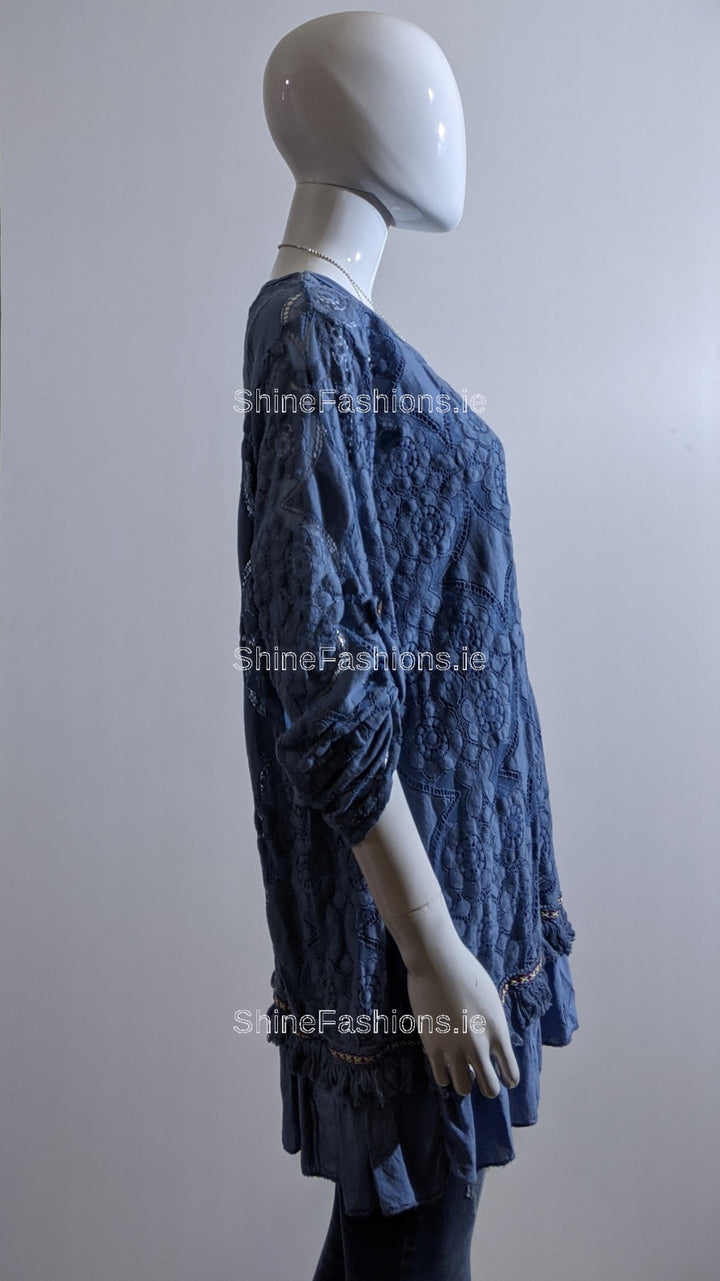 Denim Blue Lace Detail Cotton Top