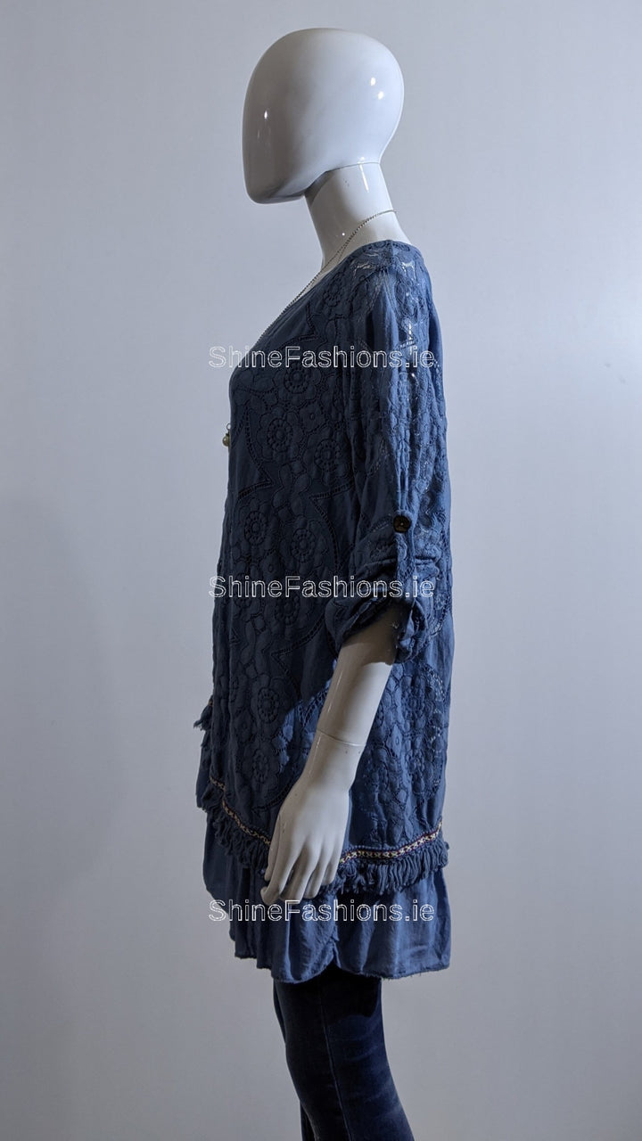 Denim Blue Lace Detail Cotton Top