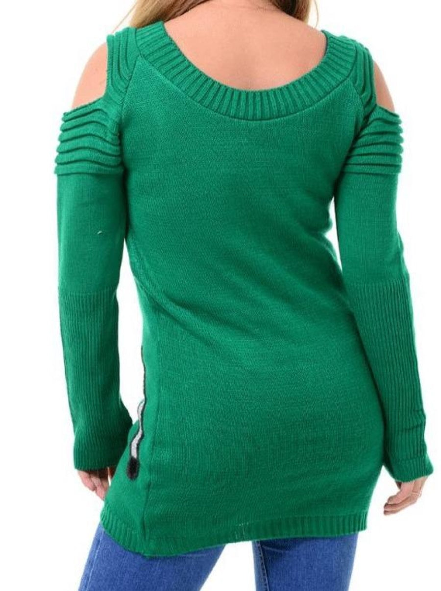 Green Deer Design Cut Shoulder Christmas Jumper