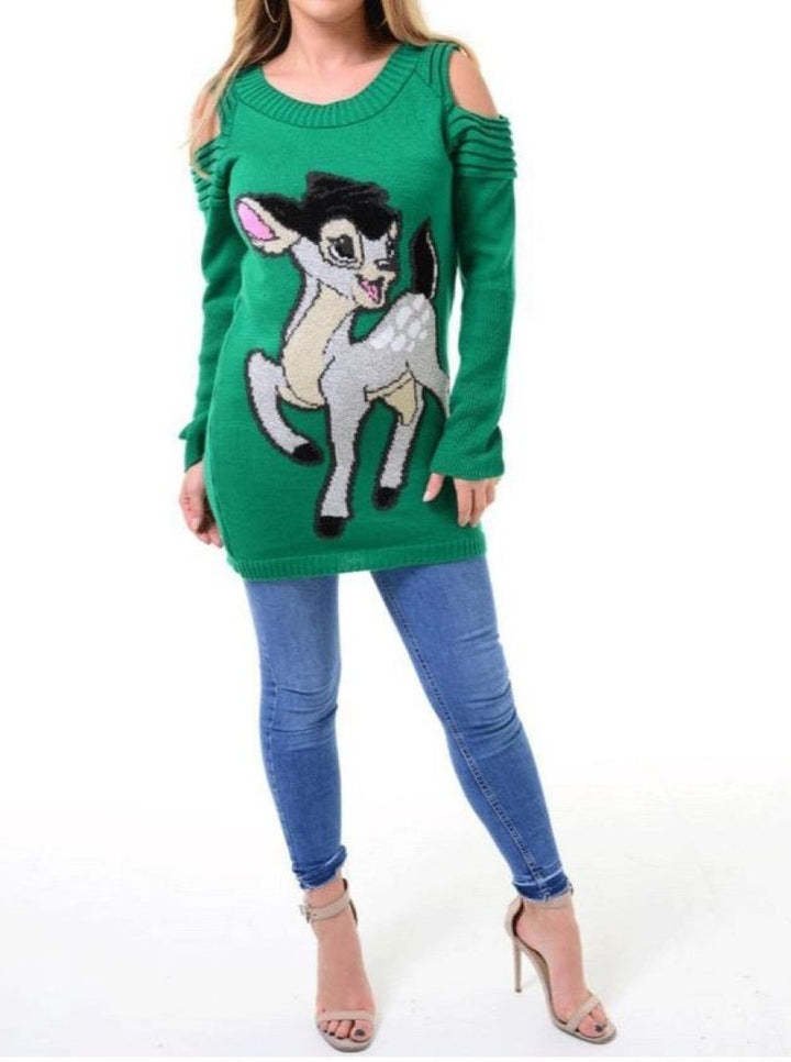 Green Deer Design Cut Shoulder Christmas Jumper