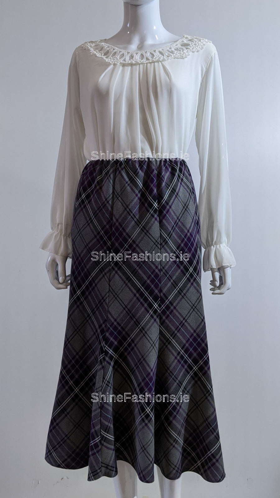 Grey Elasticated Lined A-Line Checked Tartan Skirt 