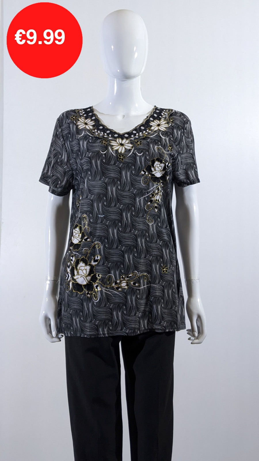 Grey Floral Embroidered Short Sleeve Top