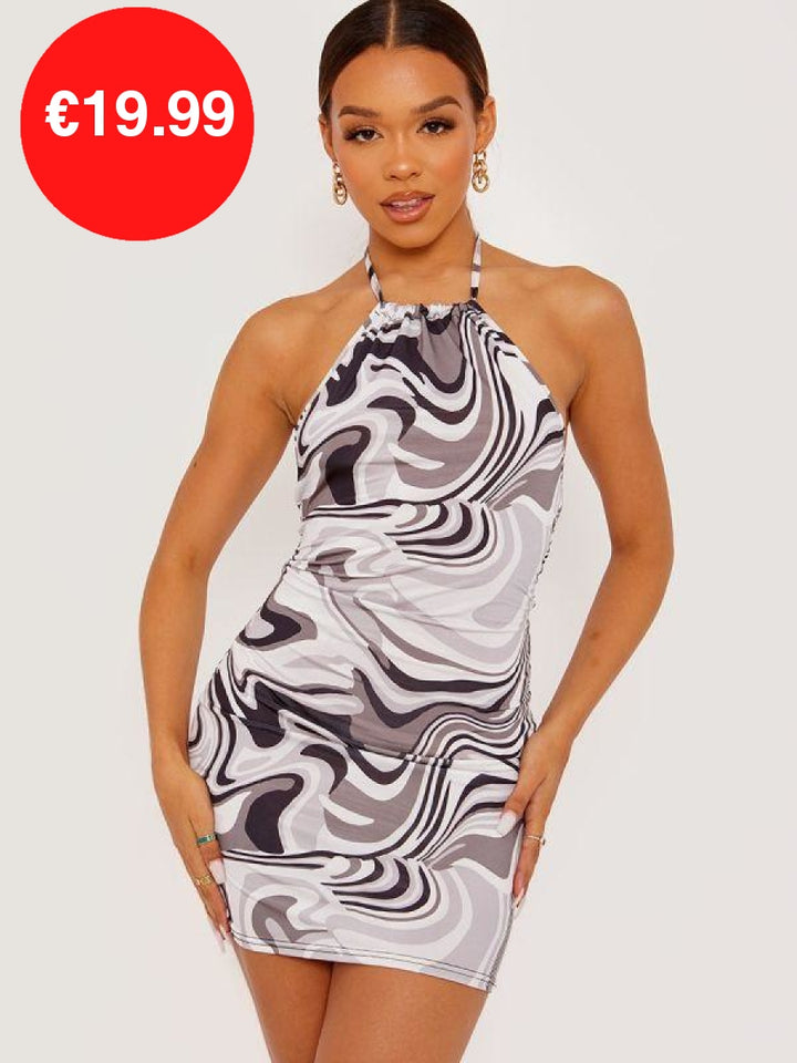 Grey Halter Neck Marble Print Slinky Dress