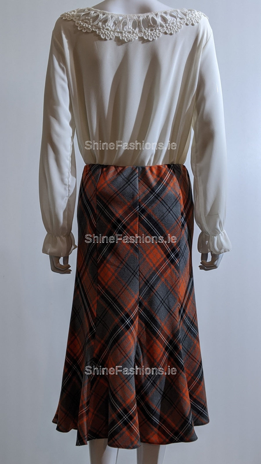 Grey & Orange Elasticated Lined A-Line Checked Tartan Skirt