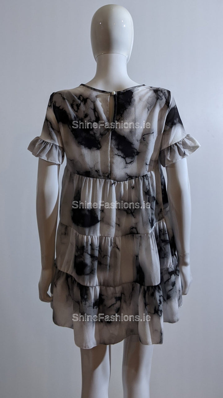 Grey Tie Dye Print Tiered Smock Dress