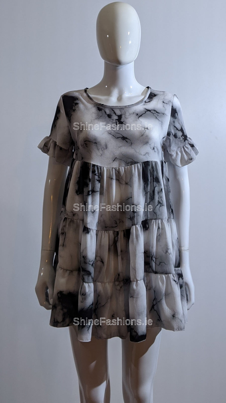 Grey Tie Dye Print Tiered Smock Dress