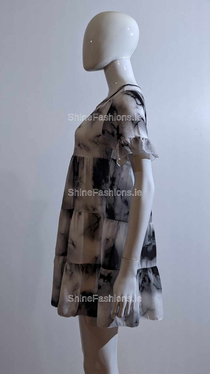 Grey Tie Dye Print Tiered Smock Dress