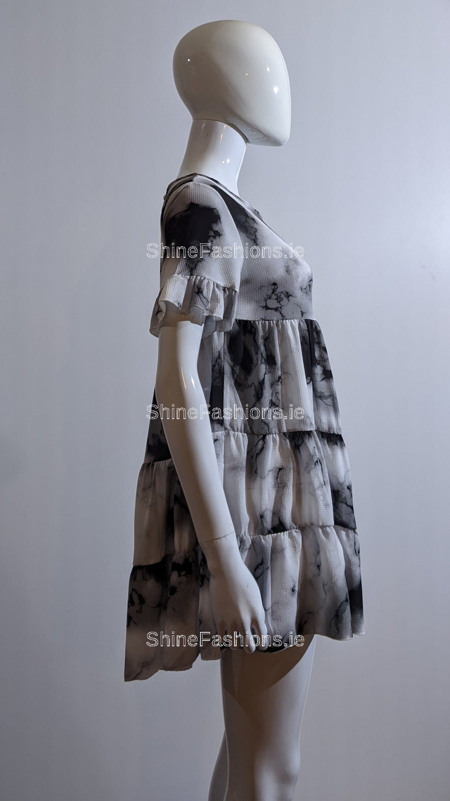 Grey Tie Dye Print Tiered Smock Dress