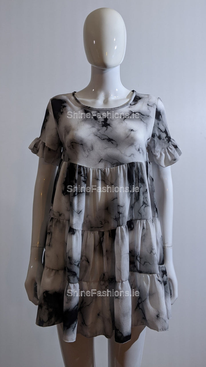 Grey Tie Dye Print Tiered Smock Dress