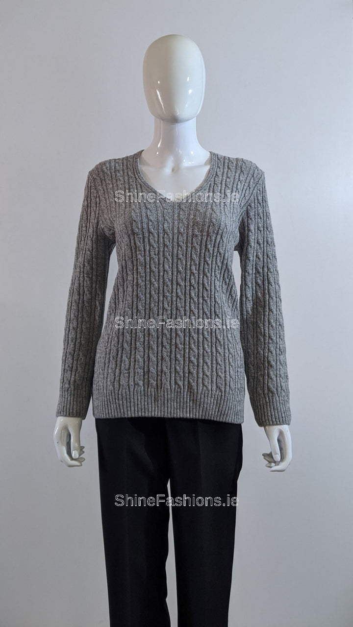 Grey V-Neck Cable Knit Jumper