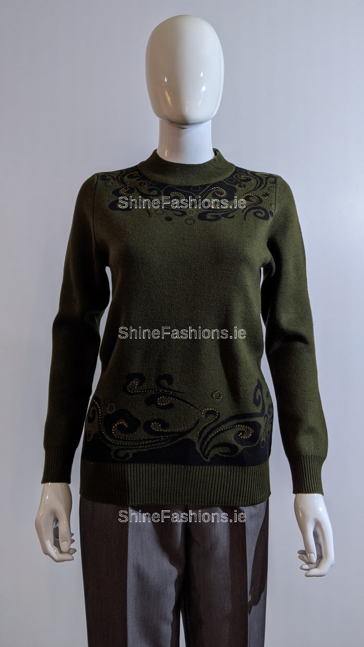 Khaki Green Glitter Pattern Jumper