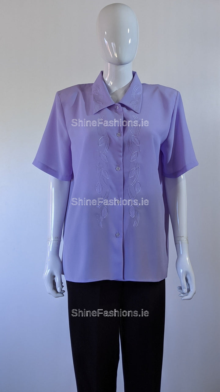 Lavender Collar Button Up Short Sleeve Blouse Top