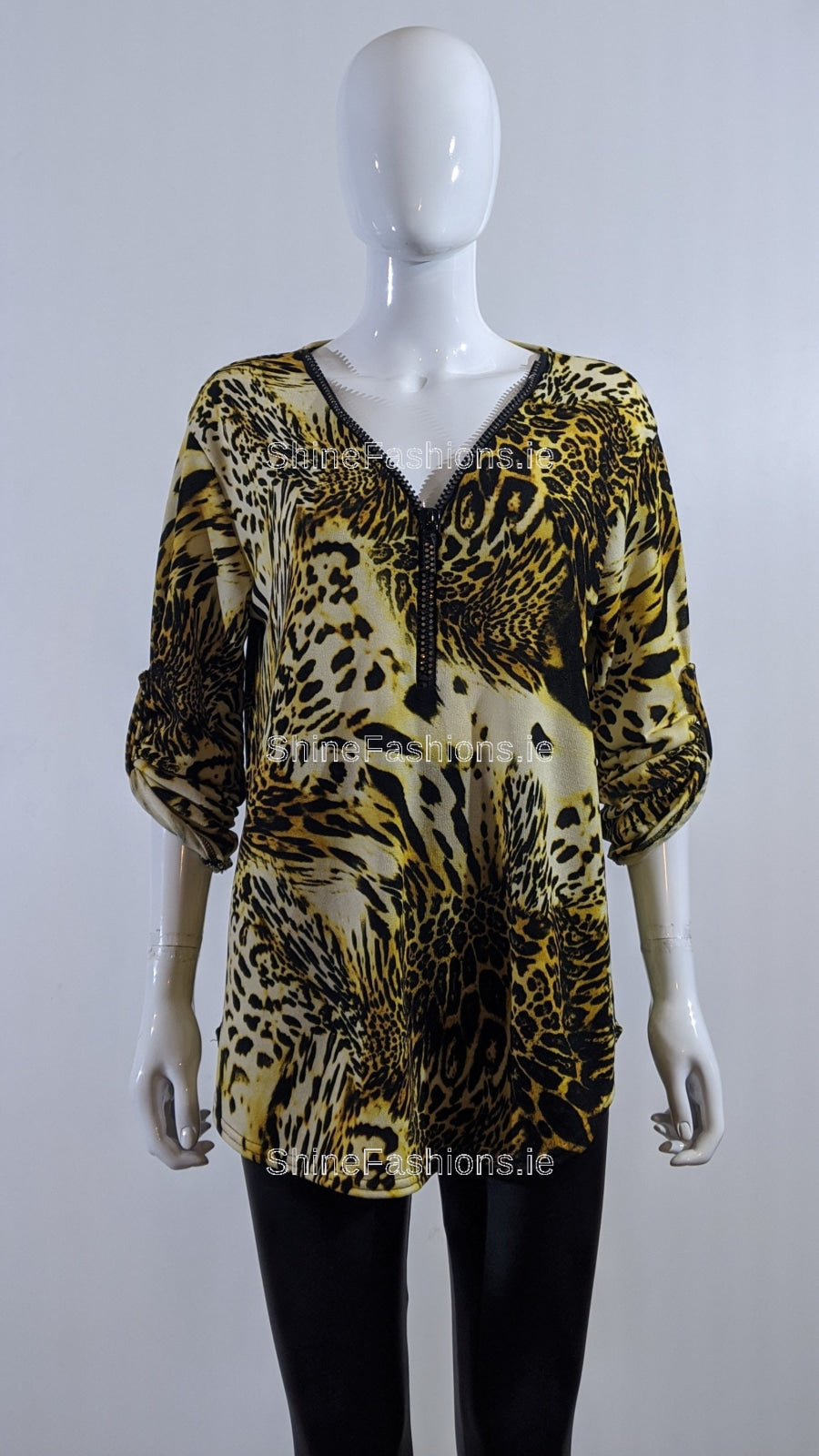 Mustard Animal Print Zip Detail Top