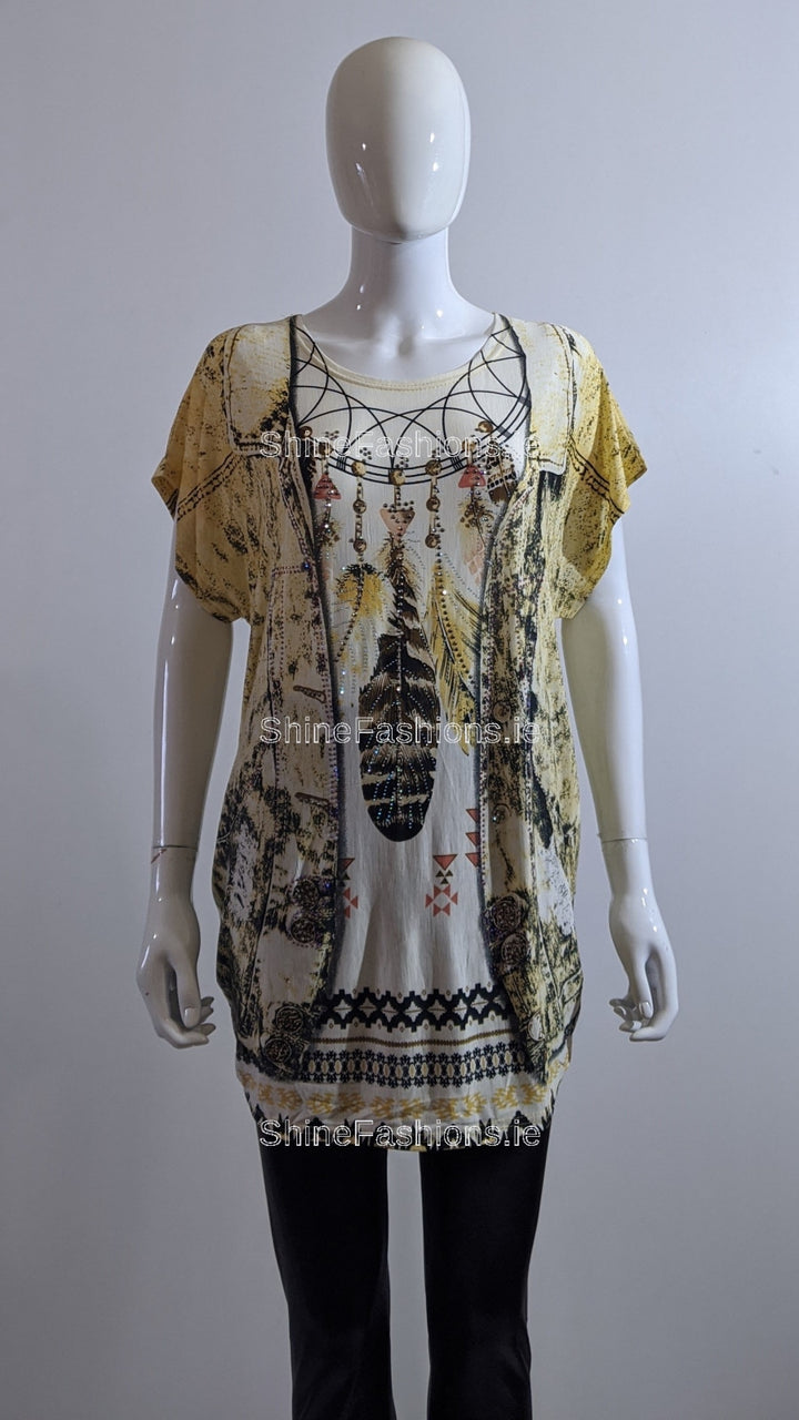 Mustard Dream Catcher Printed Glitter Top